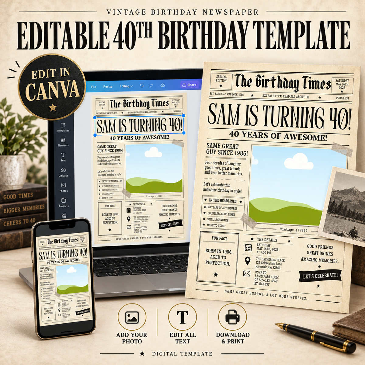 40th Birthday Vintage Newspaper Editable Template