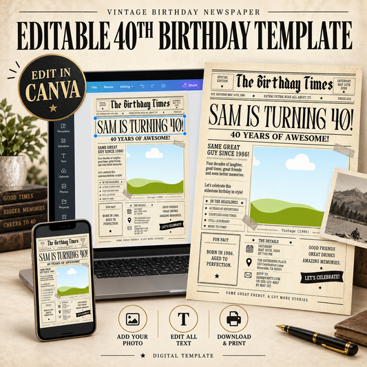 40th Birthday Vintage Newspaper Editable Template