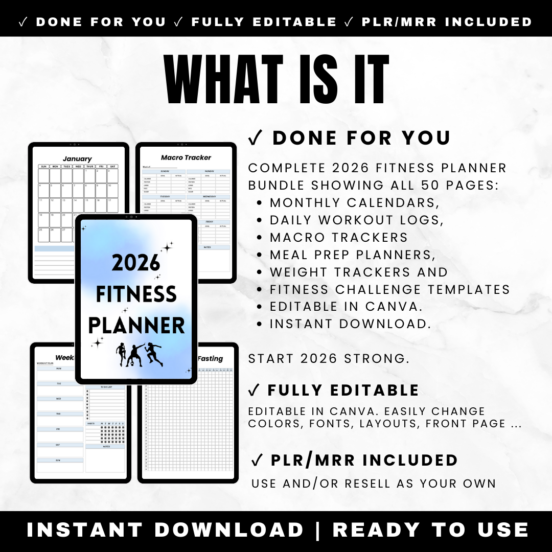 Complete 2026 fitness planner bundle showing all 50 pages: monthly calendars, daily workout logs, meal prep planners, weight trackers and fitness challenge templates