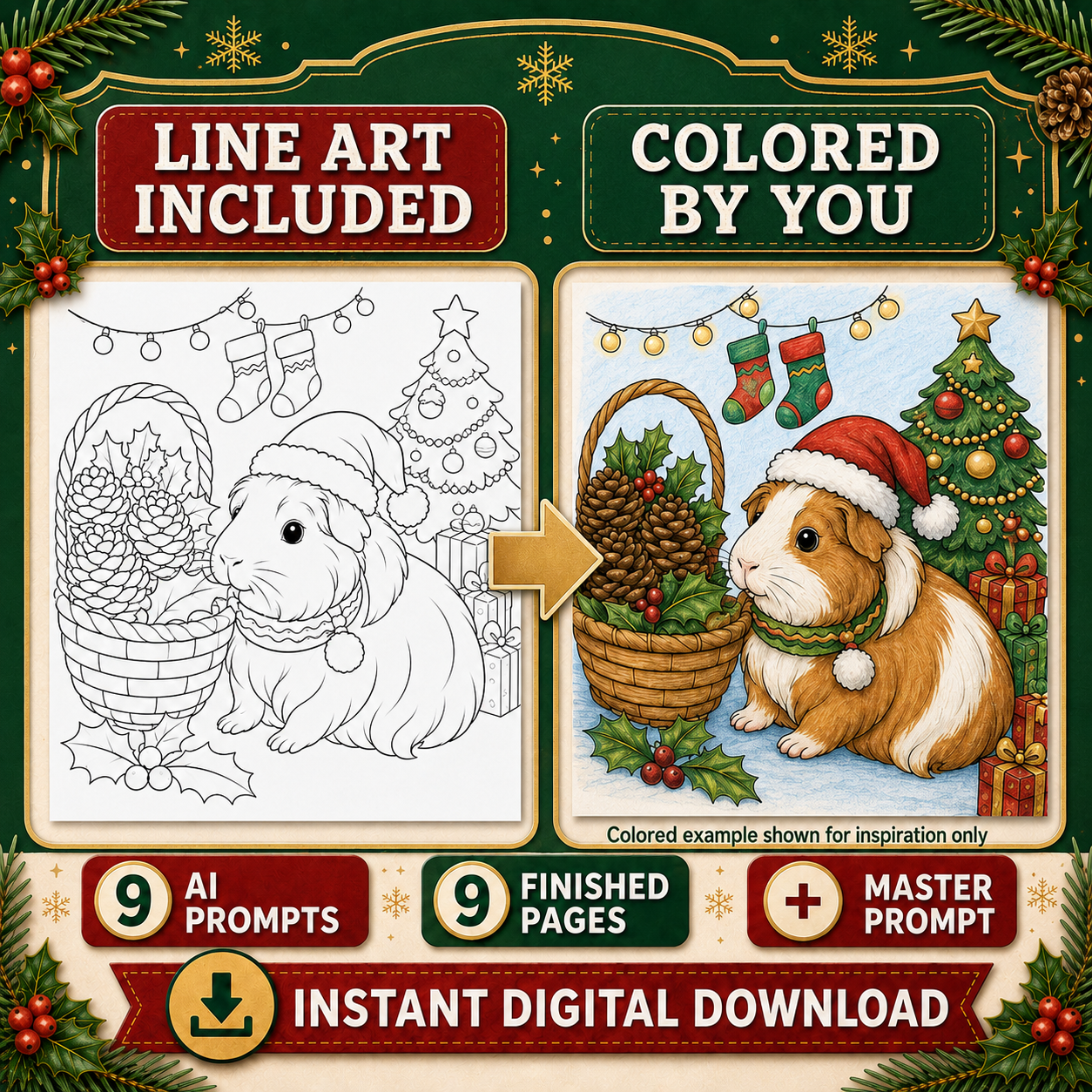 Cozy Christmas Pets coloring prompt pack collection dogs cats rabbits guinea pigs