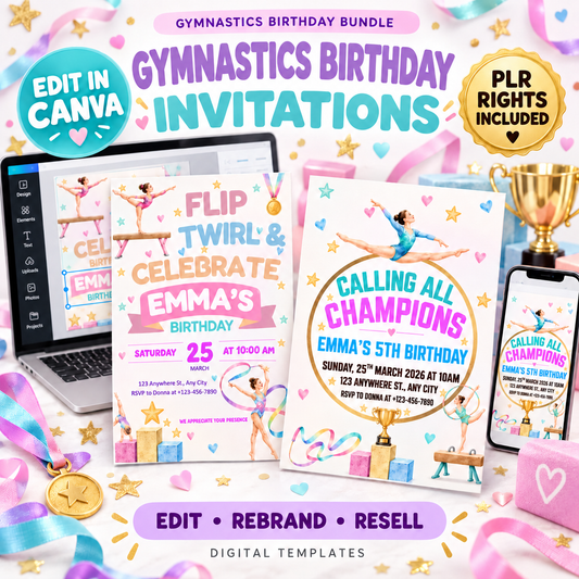 Gymnastics Birthday Invitation Template Bundle by Digital Biz PLR - Two Editable Canva Templates 5x7 Inch Printable and Digital - Design 1 Flip Twirl and Celebrate Playful Whimsical Pastel Pink Purple Teal Aesthetic with Illustrated Gymnasts on Balance Beam Floor Routine Rhythmic Ribbon Pink Banner Birthday Name Gold Medals Podium Hearts Stars - Design 2 Calling All Champions Bold Athletic Empowering Gold Circle Frame Gymnast Mid-Split Gradient Typography Trophy Podium Elements - Fully Customizable in Canva