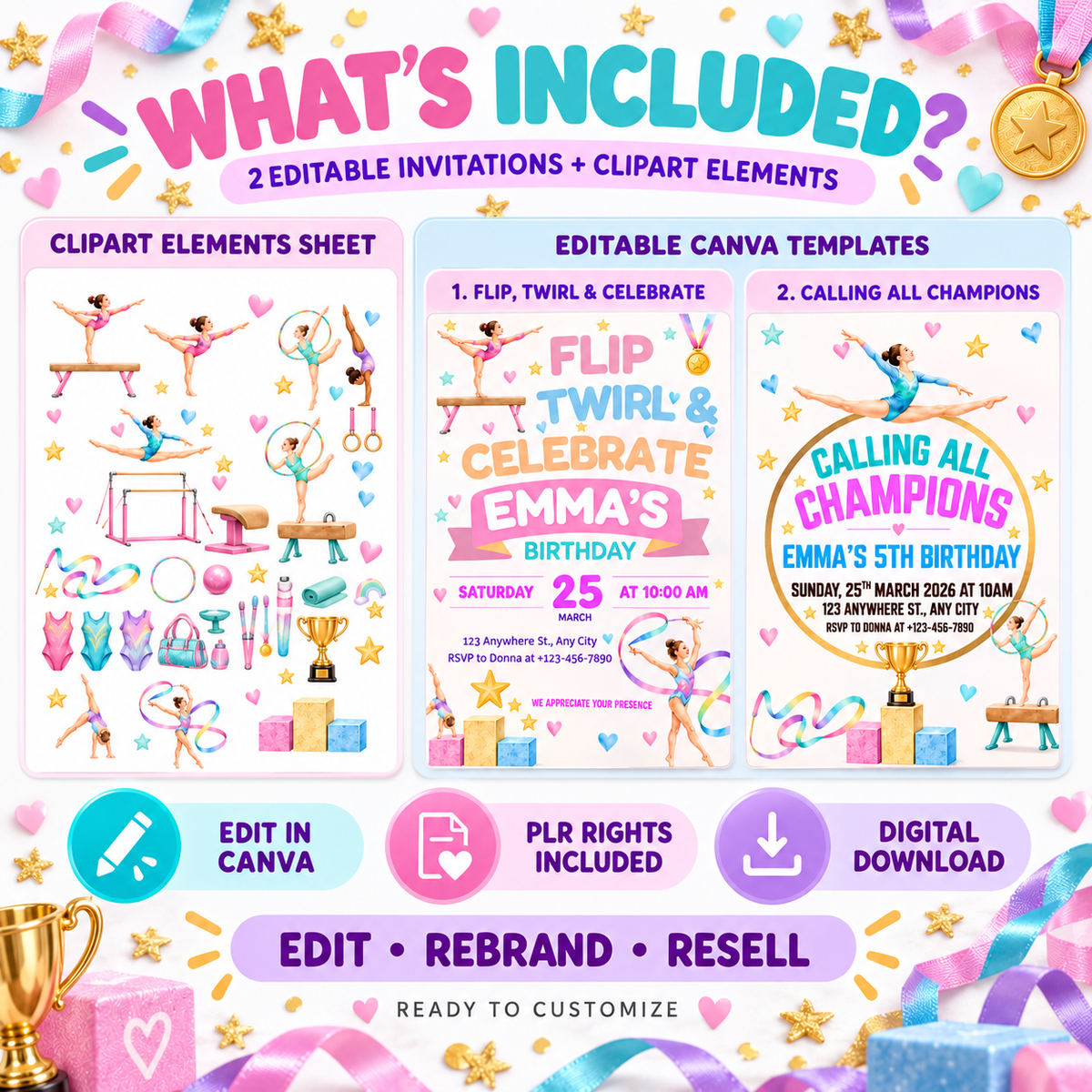 Gymnastics Birthday Invitation Template Bundle by Digital Biz PLR - Two Editable Canva Templates 5x7 Inch Printable and Digital - Design 1 Flip Twirl and Celebrate Playful Whimsical Pastel Pink Purple Teal Aesthetic with Illustrated Gymnasts on Balance Beam Floor Routine Rhythmic Ribbon Pink Banner Birthday Name Gold Medals Podium Hearts Stars - Design 2 Calling All Champions Bold Athletic Empowering Gold Circle Frame Gymnast Mid-Split Gradient Typography Trophy Podium Elements - Fully Customizable 