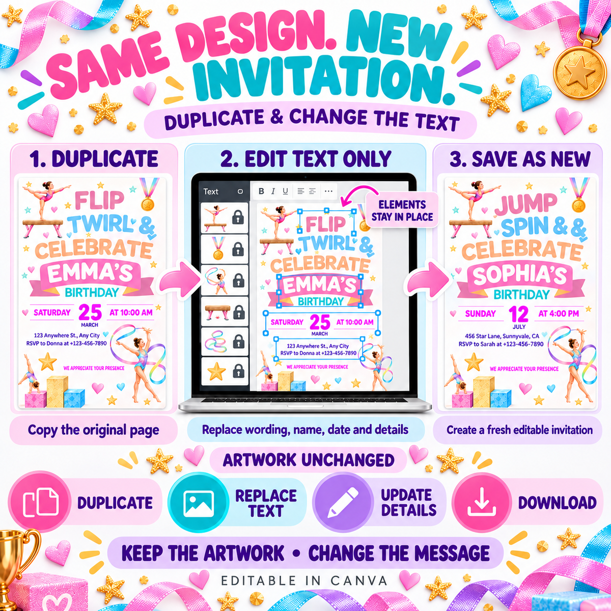Gymnastics Birthday Invitation Template Bundle by Digital Biz PLR - Two Editable Canva Templates 5x7 Inch Printable and Digital - Design 1 Flip Twirl and Celebrate Playful Whimsical Pastel Pink Purple Teal Aesthetic with Illustrated Gymnasts on Balance Beam Floor Routine Rhythmic Ribbon Pink Banner Birthday Name Gold Medals Podium Hearts Stars - Typograph digital invitation template showing three usage steps