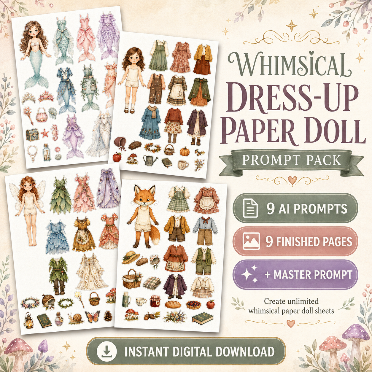 Whimsical Dress-Up Paper Doll AI Prompt Pack