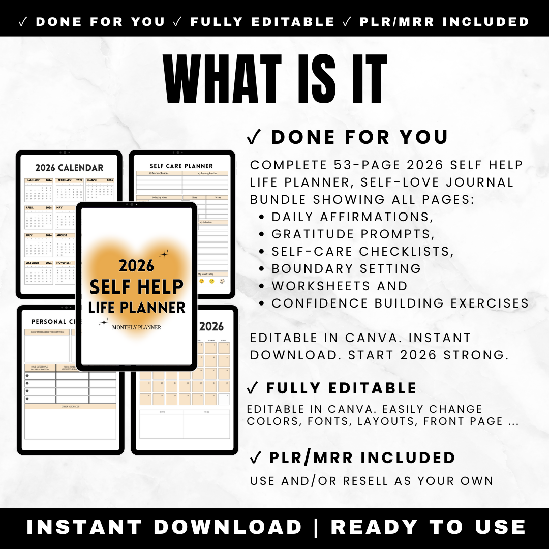 Complete self-love journal bundle showing all pages: daily affirmations, gratitude prompts, self-care checklists, boundary setting worksheets and confidence building exercises
