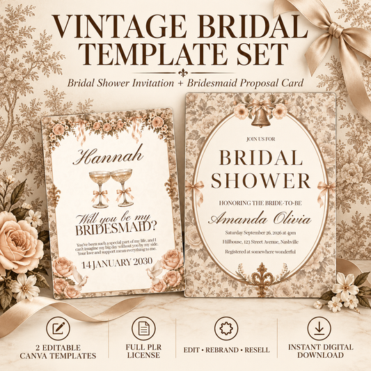 Vintage Floral Bridal Editable Invitation Set PLR