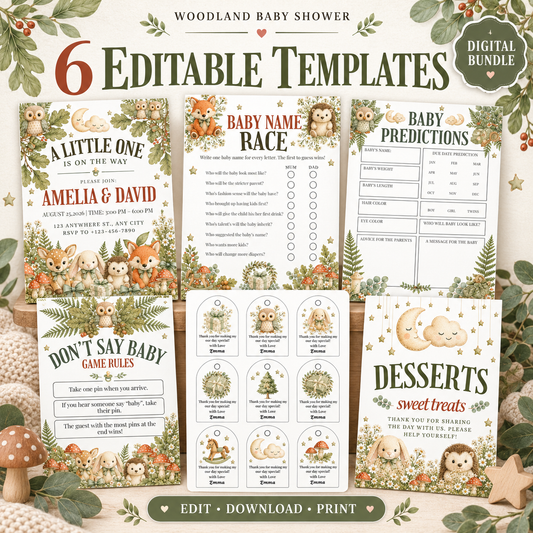 Woodland Baby Shower Editable Template Bundle PLR
